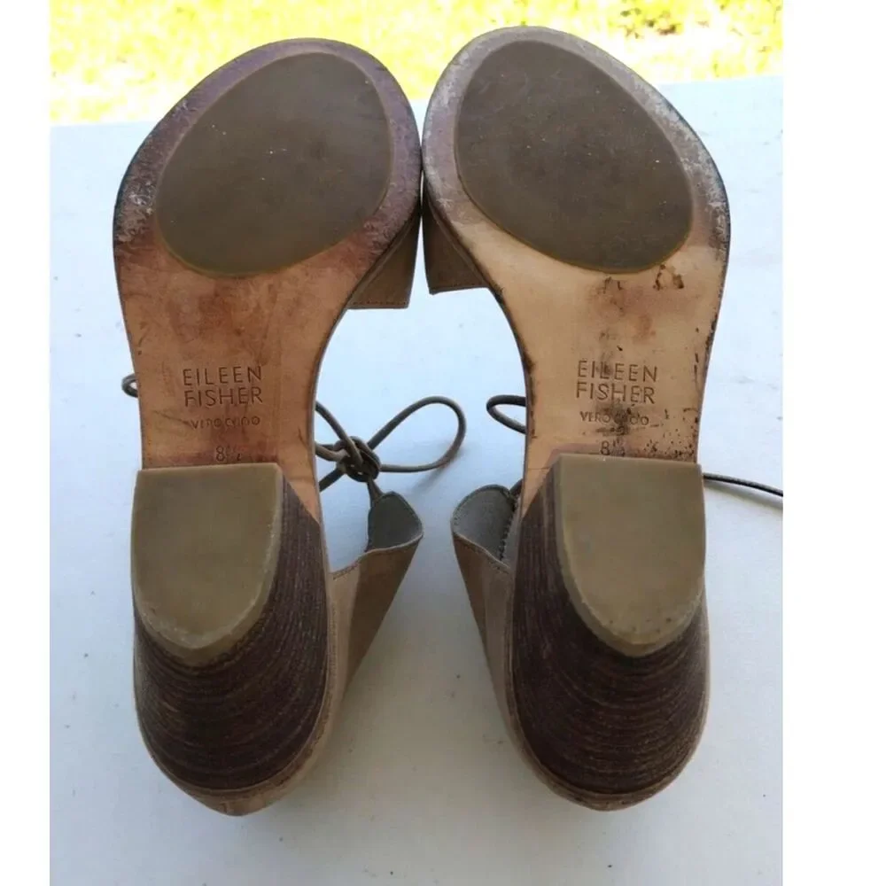 Eileen Fisher Tan Suede Block Heel Sandals Size 8.5 Lace  Open-Toe Comfort